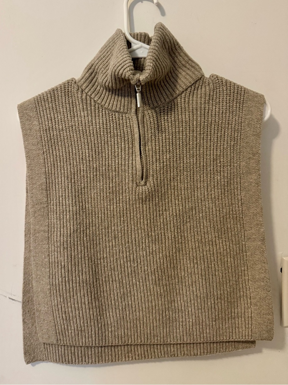 Women's Taupe Ribbed Half-Zip Knit Poncho Sweater